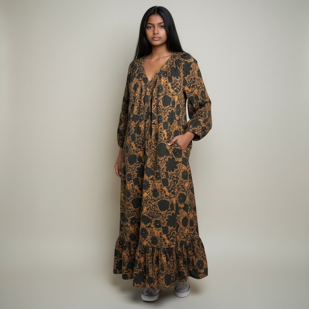 LILLA P Cotton Gauze Printed Maxi Dress Brown Black Long Sleeve Pockets Medium M